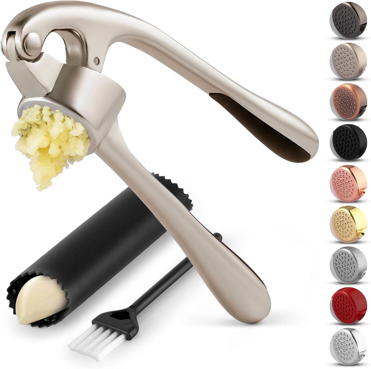 Zulay Kitchen Garlic Press Set - Rust-Proof Professional Mincer with Easy-Squeeze Handle & Silicone Peeler (Silver)