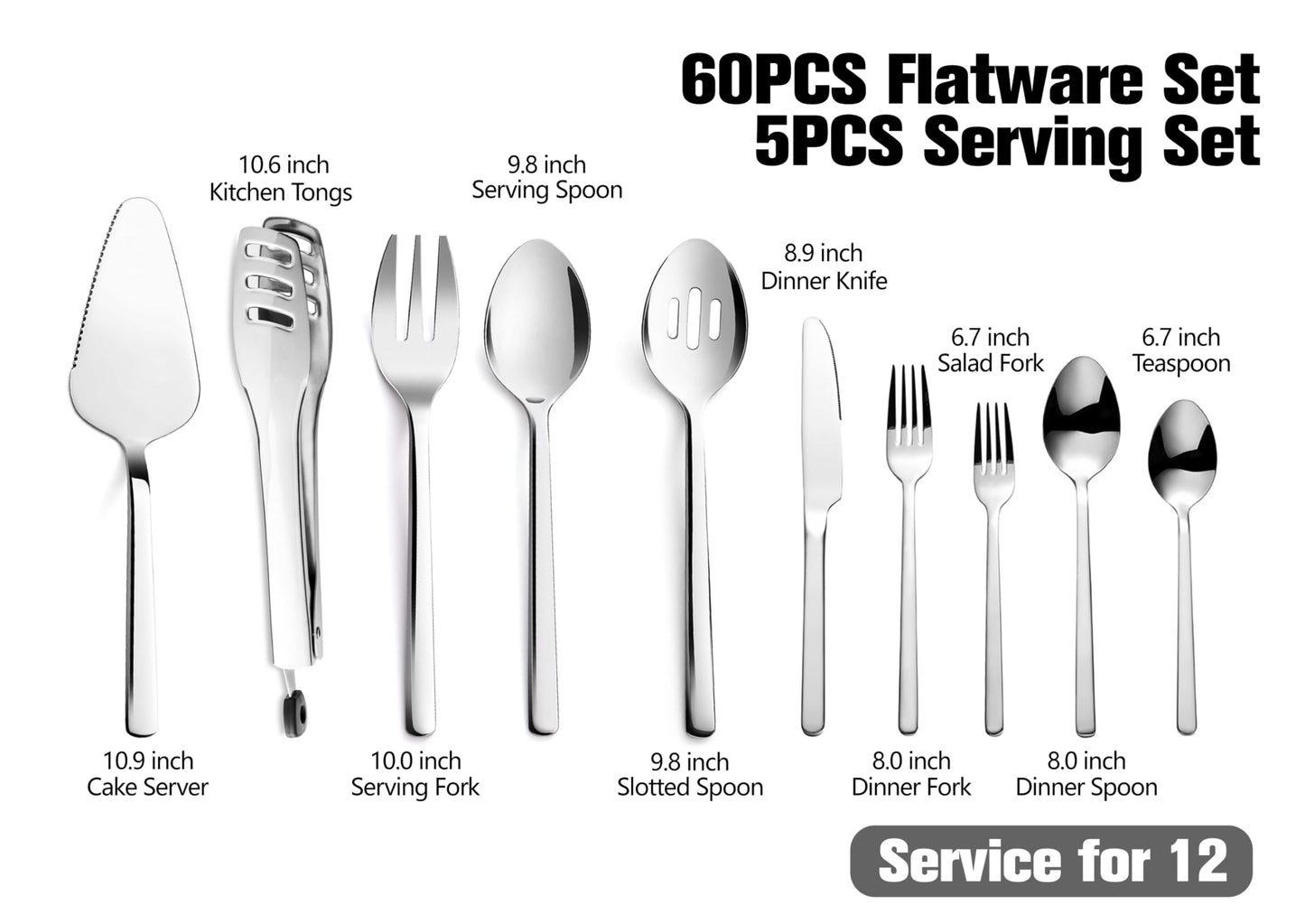 KINGSTONE Silverware Set With Serving Utensils, 65 Piece Flatware for 12, 18/10 Cutlery With 5 Piece Serving Utensil Set - Modern and Original Design, Dishwasher Safe