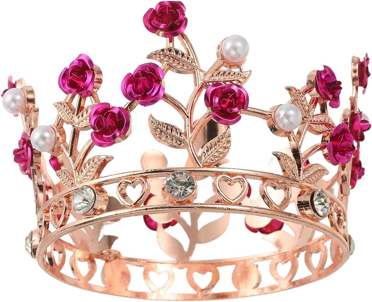 Uxcell Mini Crown Cake Toppers - Alloy Tiara with Pearl & Rose for Birthday/Wedding Decor | Rose Gold/White/Rose Red