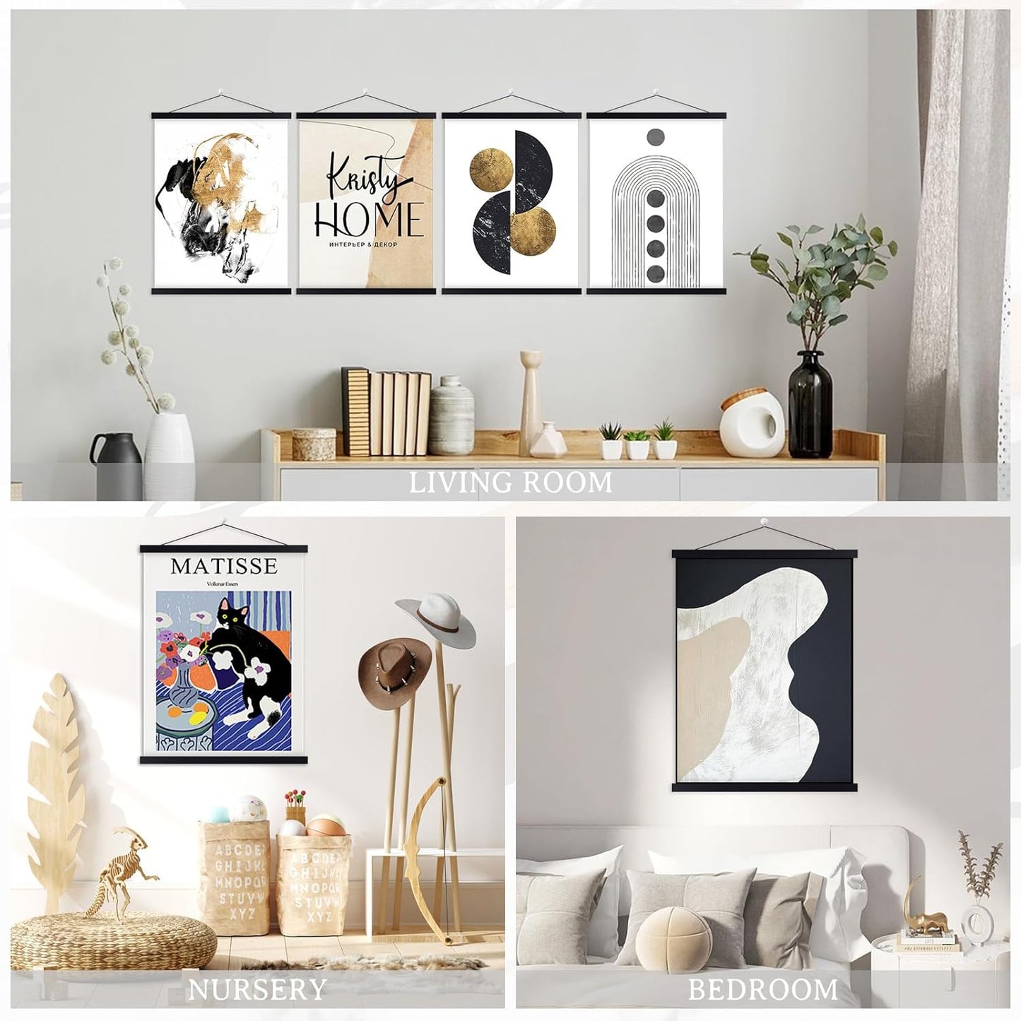 Benjia Magnetic Light Wood Poster Frame Set - 4 Pack for 8x10, 8x12, 8x18 Art Prints | Black