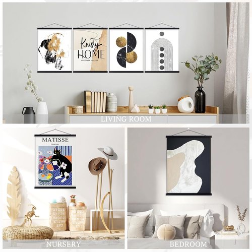 Benjia Poster Frames - 4 Pack Light Wood Magnetic Hangers for 24x36 & 24x18 Art Prints | Black