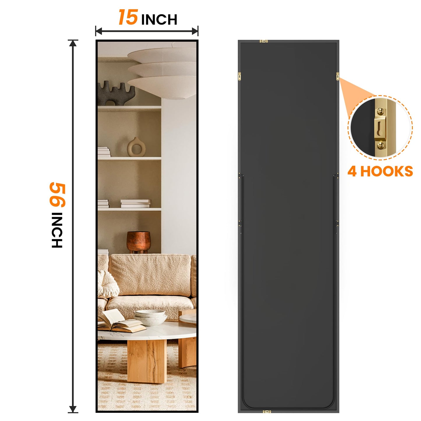 TRAHOME Full Length Mirror, 56" x 15" Standing Large Floor Mirror with Aluminum Frame for Bedroom, Living Room, Bathroom（Black