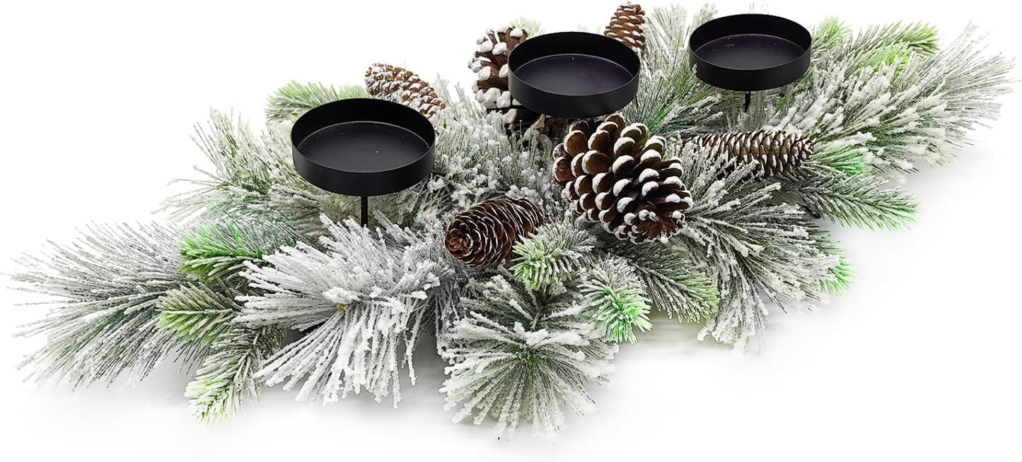 Skiennix Christmas Table Centerpiece - 27.5 Inch Flocked Pine Needles & Frosted Pine Cones | Snowy Decor