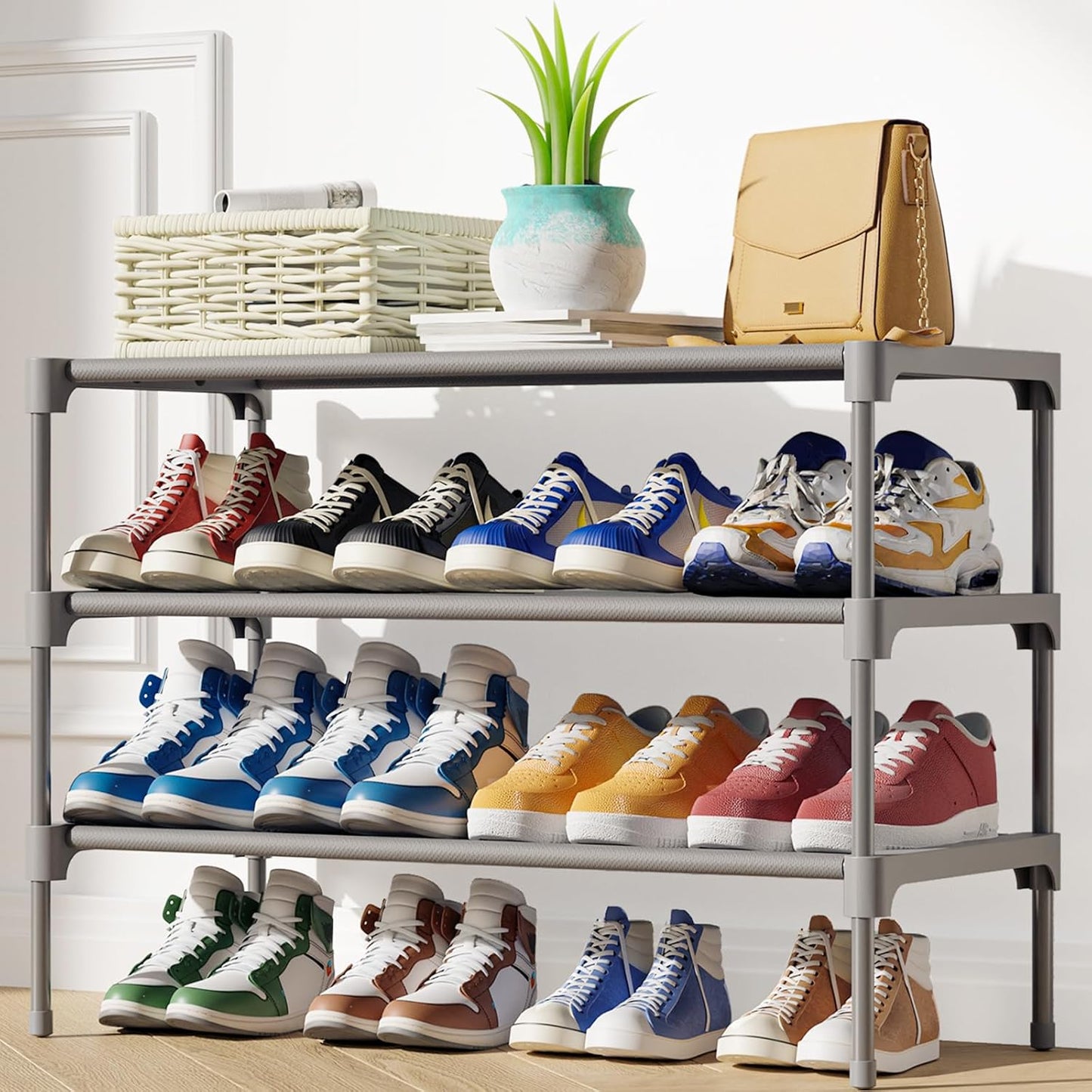 Kitsure Shoe Rack - Stackable Non-Woven Shoe Organizer for Closet & Entryway | 3-Tier, Grey, 27.5" Wide