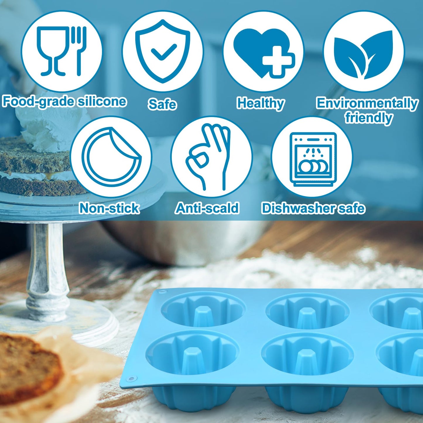 Palksky Mini Fluted Tube Pan Silicone 6-Cavity(3PCS), Multi-Cavity small Cake Baking Pan, mini moldes para chocoflan