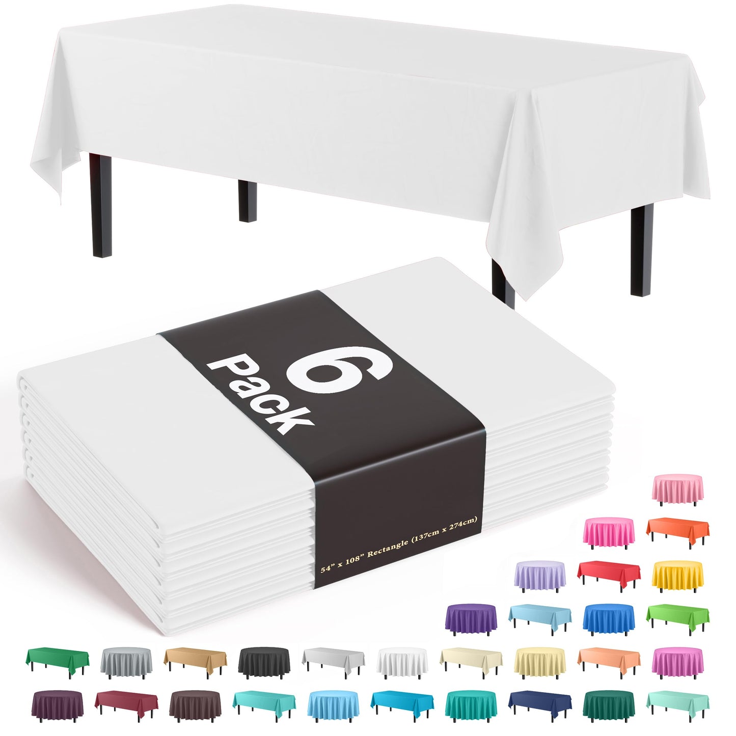 Exquisite Party Solids 6-Pack Premium Plastic Tablecloth 54in. x 108in. Rectangle Plastic Table Cover - White