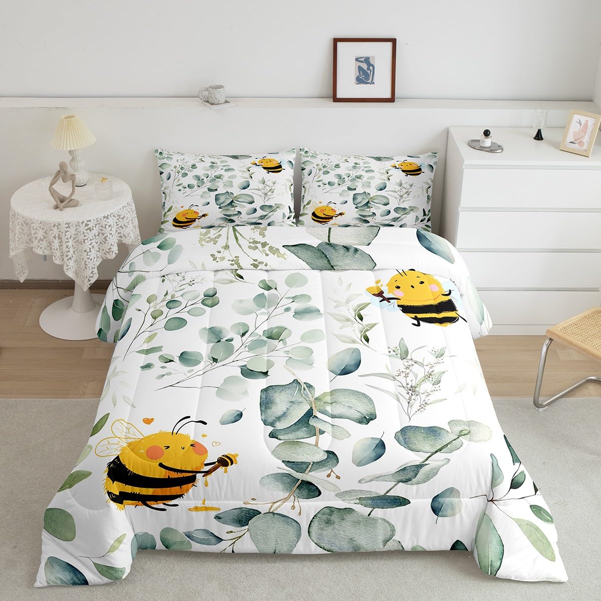 Erosebridal Boys Cartoon Wildlife Twin Size Comforter Set for Kids Toddler Kawaii Bee Bedding Set, Honey Bee Down Comforter Wild Animal Bed Set, Botanical Green Eucalyptus Quilted Duvet