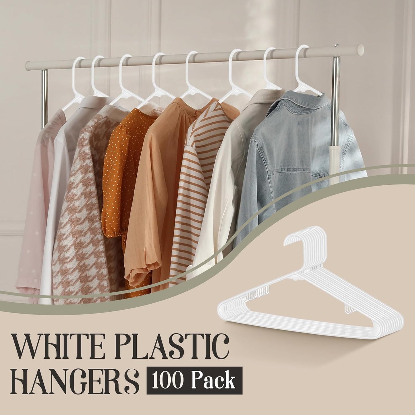 ZENY 100-Pack White Plastic Hangers - Space-Saving, Durable Clothing Hangers for Organizing Clothes