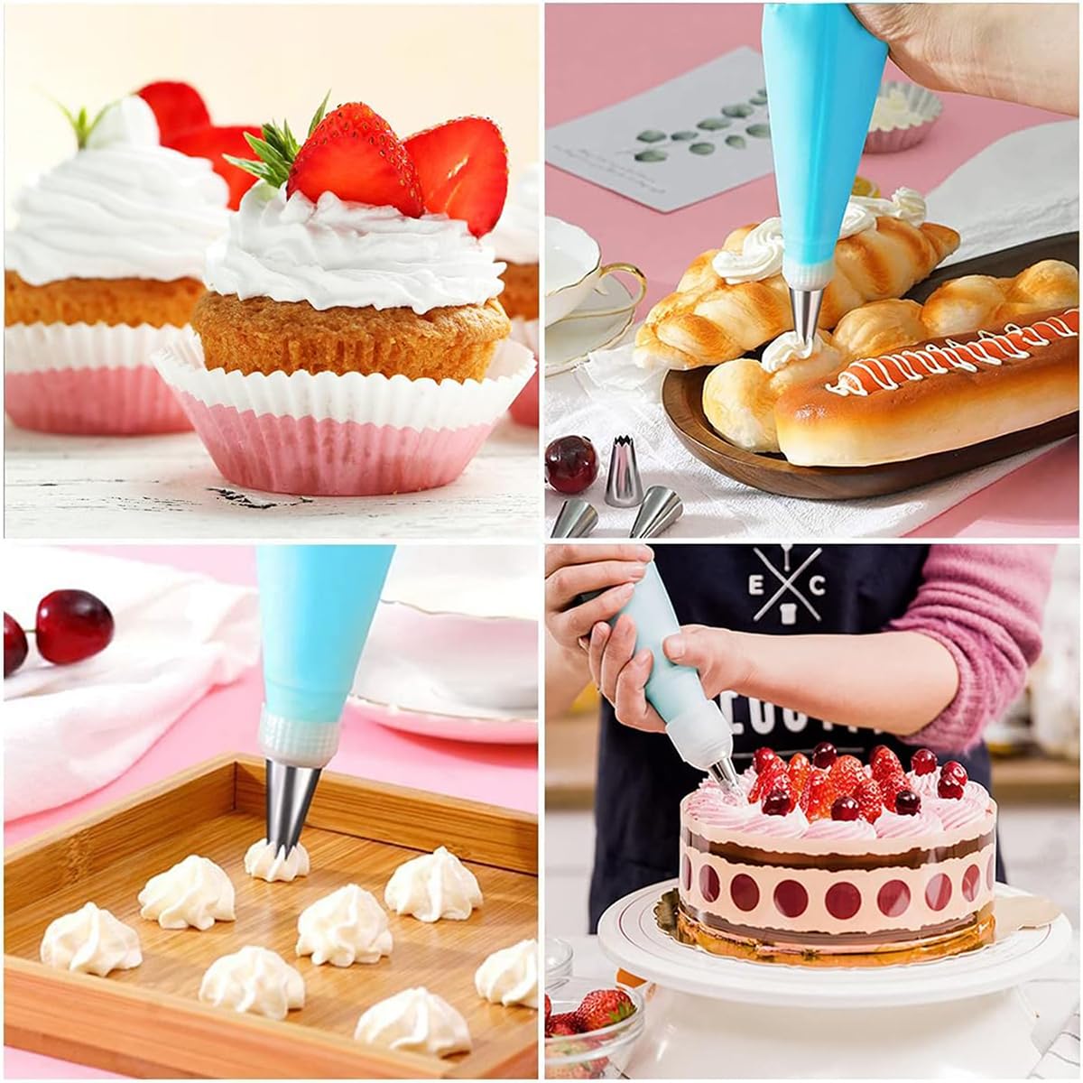21pcs/set Cake Decorating Tools,Piping Bags and Tips Set;with 2pcs Reusable Icing Pastry Bags,Set Of 3 Scrapers,12 Different Icing Bags Tips, 2 Piping Bags Couplers and 2 Frosting Bags Ties