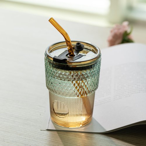 BLUEPOLAR 13 oz Tumbler Water Glass, Water Bottle with Straw and Dustproof Lid, Coffee Ice Cup Double Wall Insulated Glass Cup (Amber-Ribbed)