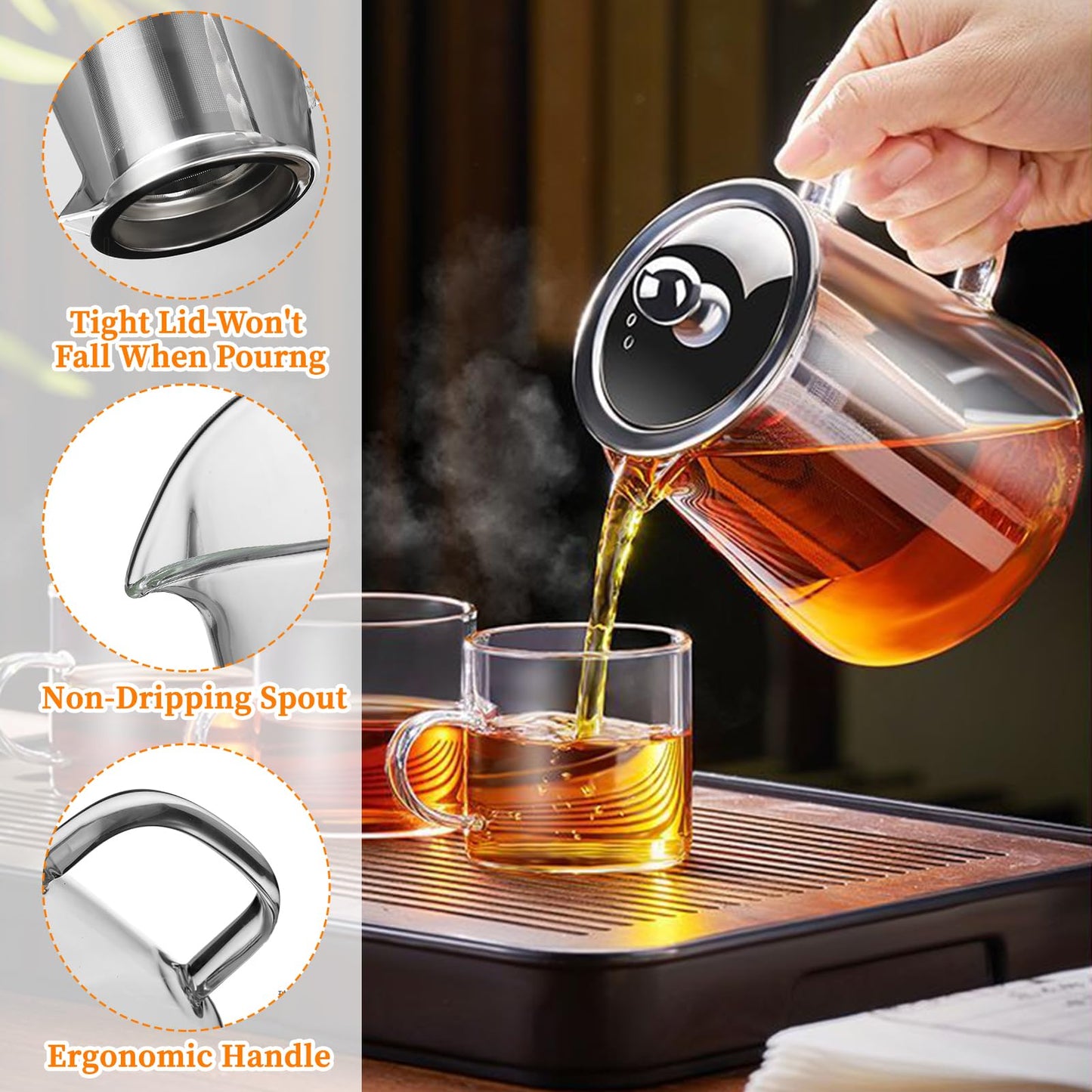 Glass Teapot with Stainless Steel Infuser, Borosilicate Tea Kettle, Clear Tea Maker for Loose Leaf Tea (950ML)