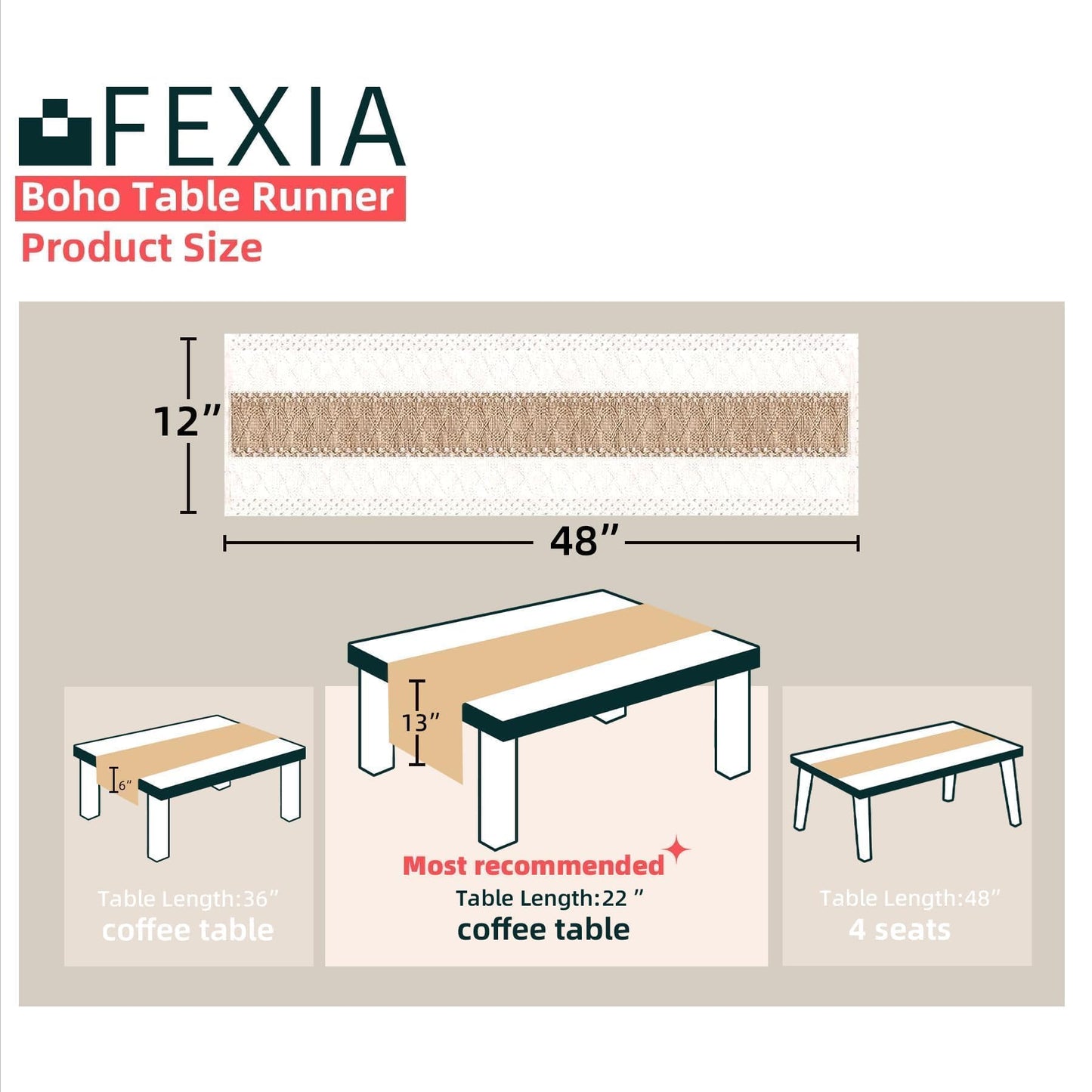 FEXIA Boho Table Runner for Thanksgiving Home Decor 48 Inches Long Farmhouse Rustic Table Runner Cream & Brown Macrame(Without Tassel) for Dining Bedroom Decor Rustic Bridal Shower (12x48 Inches)