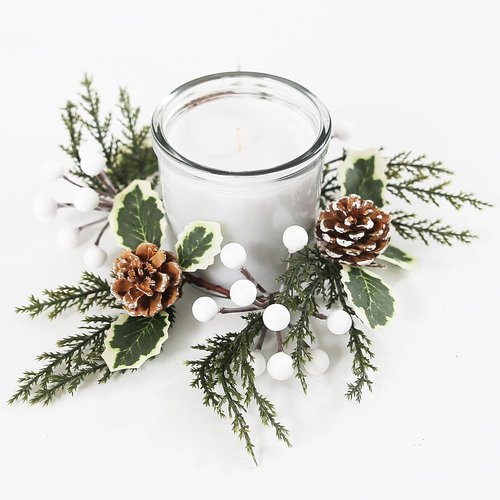 Christmas Greenery Candle Rings by [Brand Name] - 12 Pack with White Berries & Pine Cones | Festive Table Decor
