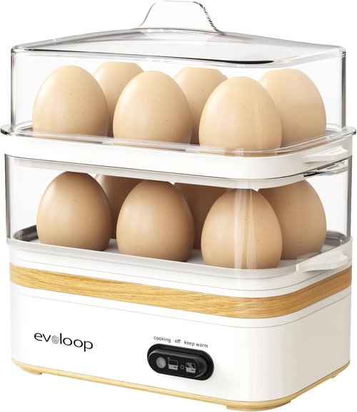 Evoloop Rapid Egg Cooker - Electric 12-Egg Capacity | Soft, Medium, Hard Boiled & Poached Eggs, BPA-Free Tray (White)