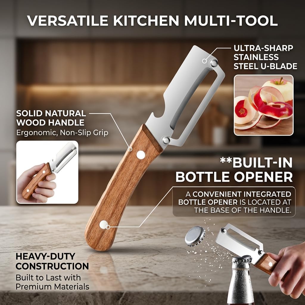 Skiennix Multi-Functional Vegetable Peeler - Ergonomic Stainless Steel Blade & Bottle Opener, Dishwasher Safe
