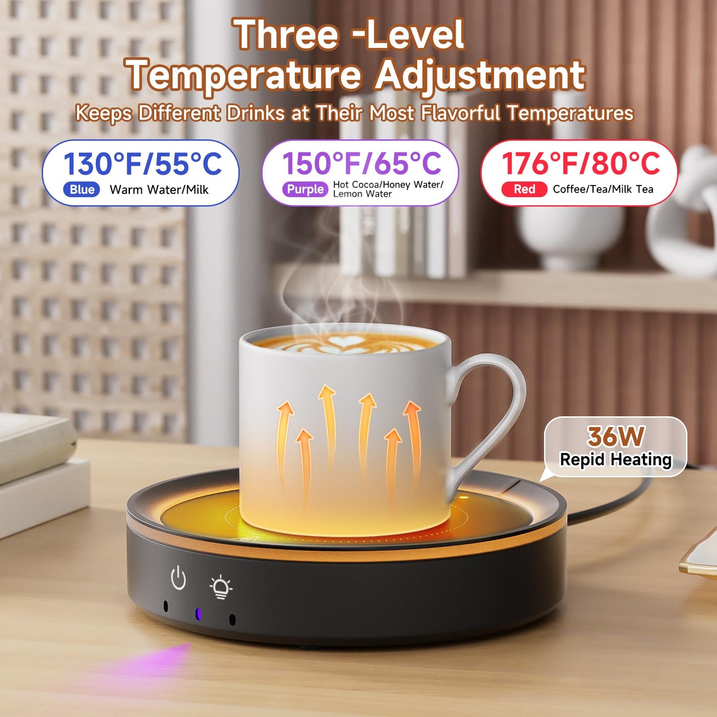 Trivoxia 36W Mug Warmer, 3 Temperature Settings, Auto Shut Off (2-12H), Max 176°F, Wood Grain Design with Ambient Light,Ideal Gift for Home & Office (Black)