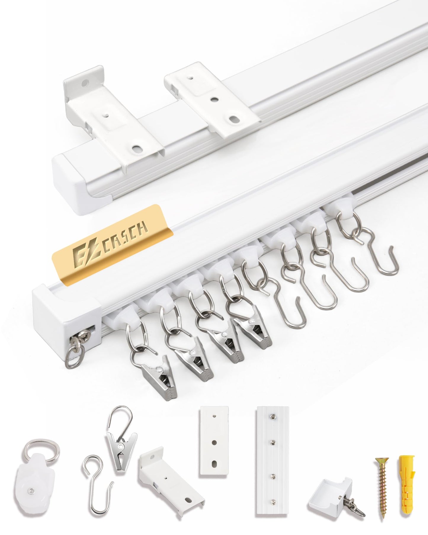 Ezcasch Ceiling Curtain Track Set, Ceiling or Wall Mount 6ft - 9ft, Aluminum Heavy-Duty Curtain Rails, Room Divider Curtain Track for Bedroom, With Silent Slide, Clips and Hooks，White