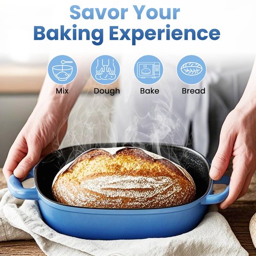 Cast Iron Dutch Bread Oven - 2.5QT Dutch Oven for Sourdough Bread Baking, Cast Iron Bread Loaf Pan with Lid, Easy Homemade Sourdough Dutch Oven, Blue Oval Bread Baking Pan, Gift for Family & Baker