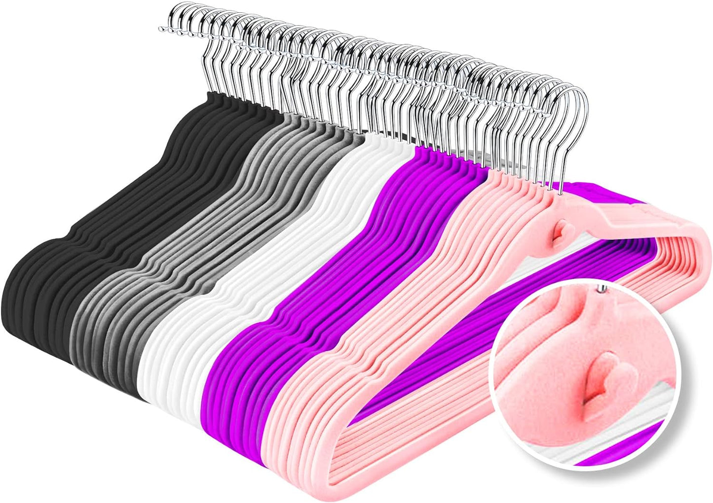 Skiennix Multi-Color Velvet Hangers - 50 Pack Non-Slip Cascading Hooks in Black, Pink, White, Grey & Purple