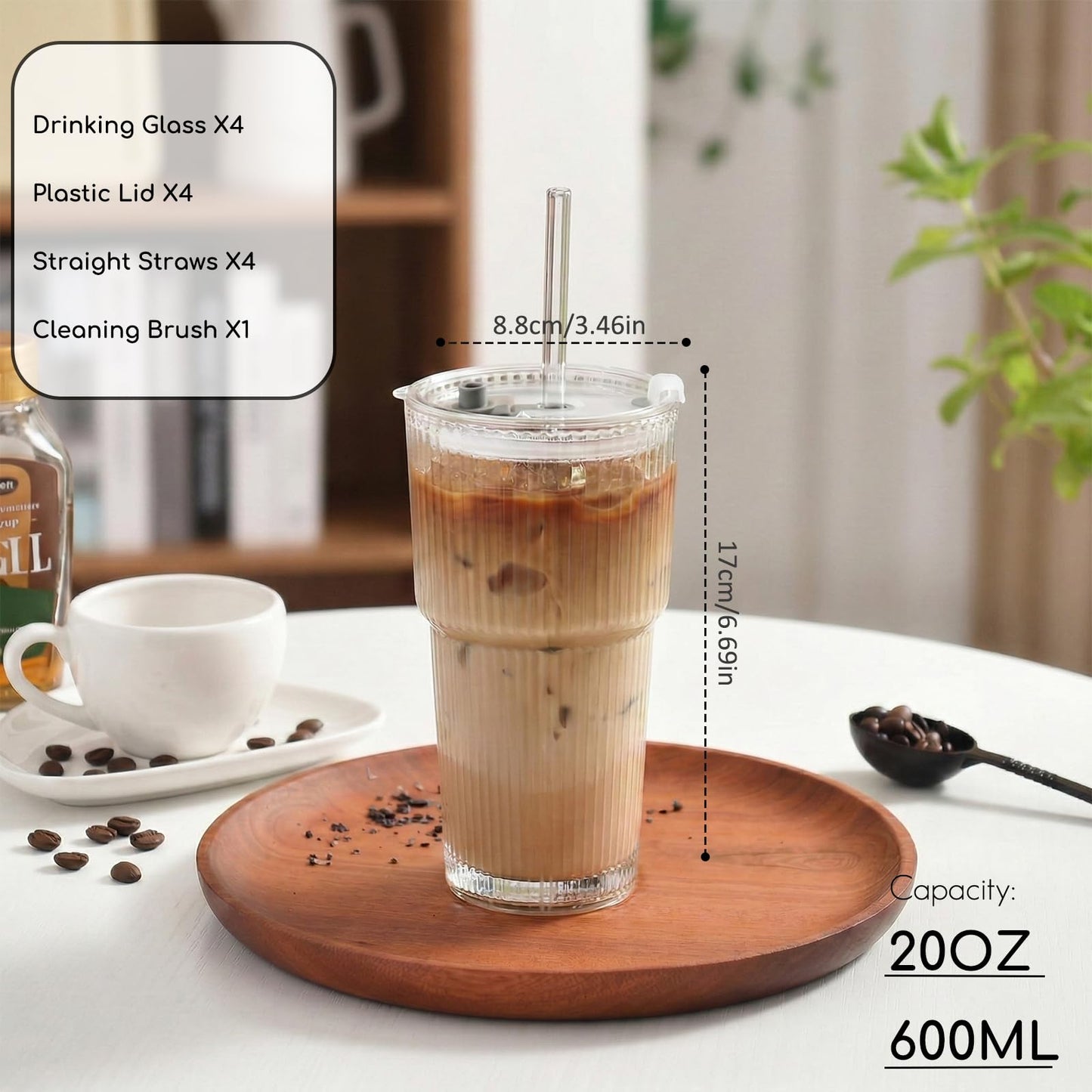 Haundry 20oz Ribbed Glass Cups with Lids and Straws, 4 Pack Iced Coffee Cups with Lids, Leak-Resistant Glass Tumblers, Reusable Coffee Cups for Coffee Bar, Matcha, Smoothies, Juice
