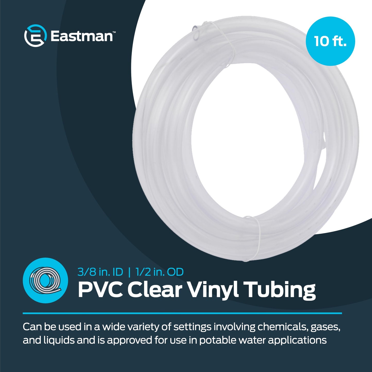 Eastman 3/8 Inch ID (1/2 Inch OD) PVC Clear Vinyl Tubing, 10 Foot Length, 98620