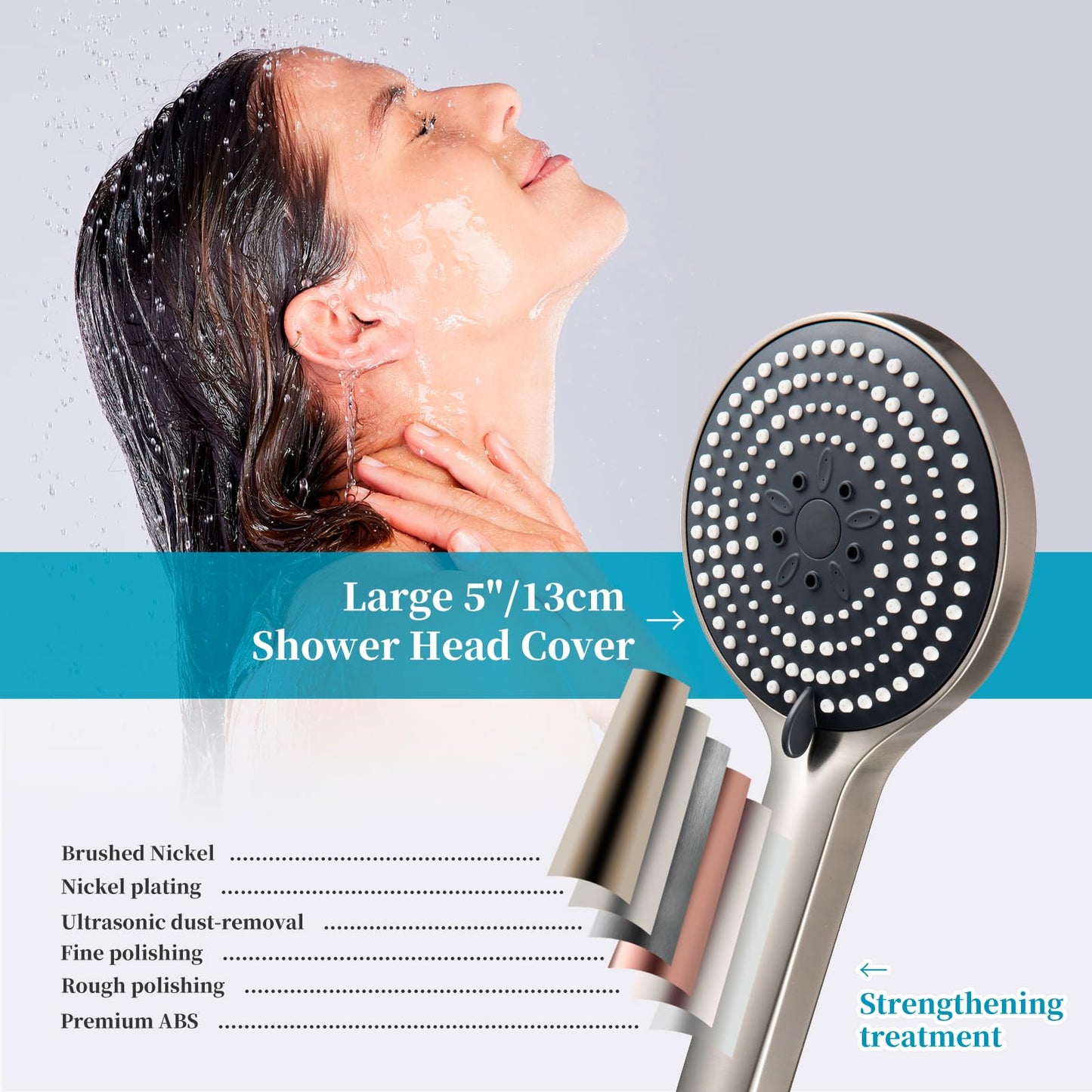 OFFO Handheld Shower Head Set, 6-Mode Brushed Nickel High Pressure Handheld Sprayer with 60" Stainless Steel Shower Hose, High Flow Large Powerful Boosting Handheld Showerhead for Low Water Pressure