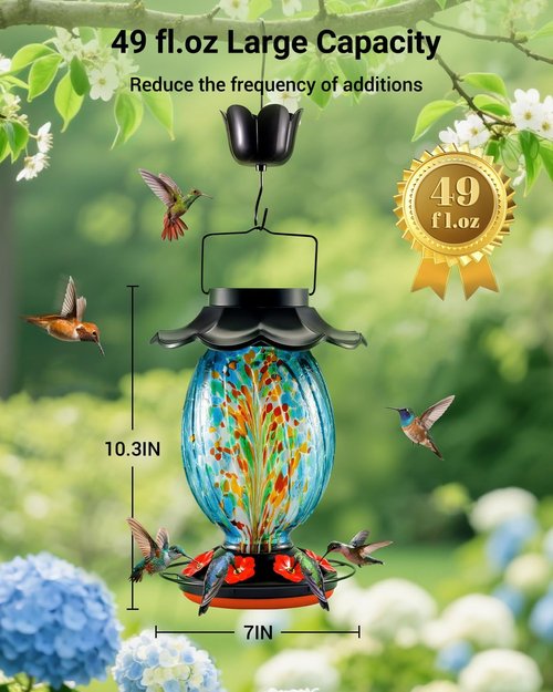 HouseSapp Solar Hummingbird Feeder - 49 Fl. Oz Color Changing Glass - 7 Feeding Ports with Perch - Ideal for Outdoor Use (Blue)