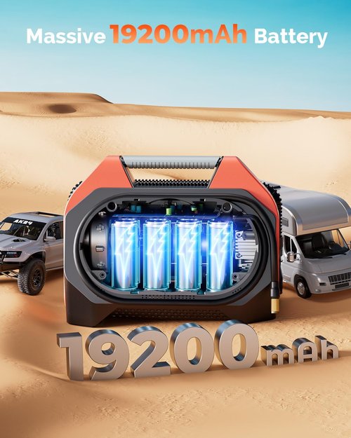 ETENWOLF VORTEX S6 Tire Inflator - Portable Air Compressor for Heavy-Duty Vehicles | 19200 mAh Battery, Dual Cylinder, Vivid Orange