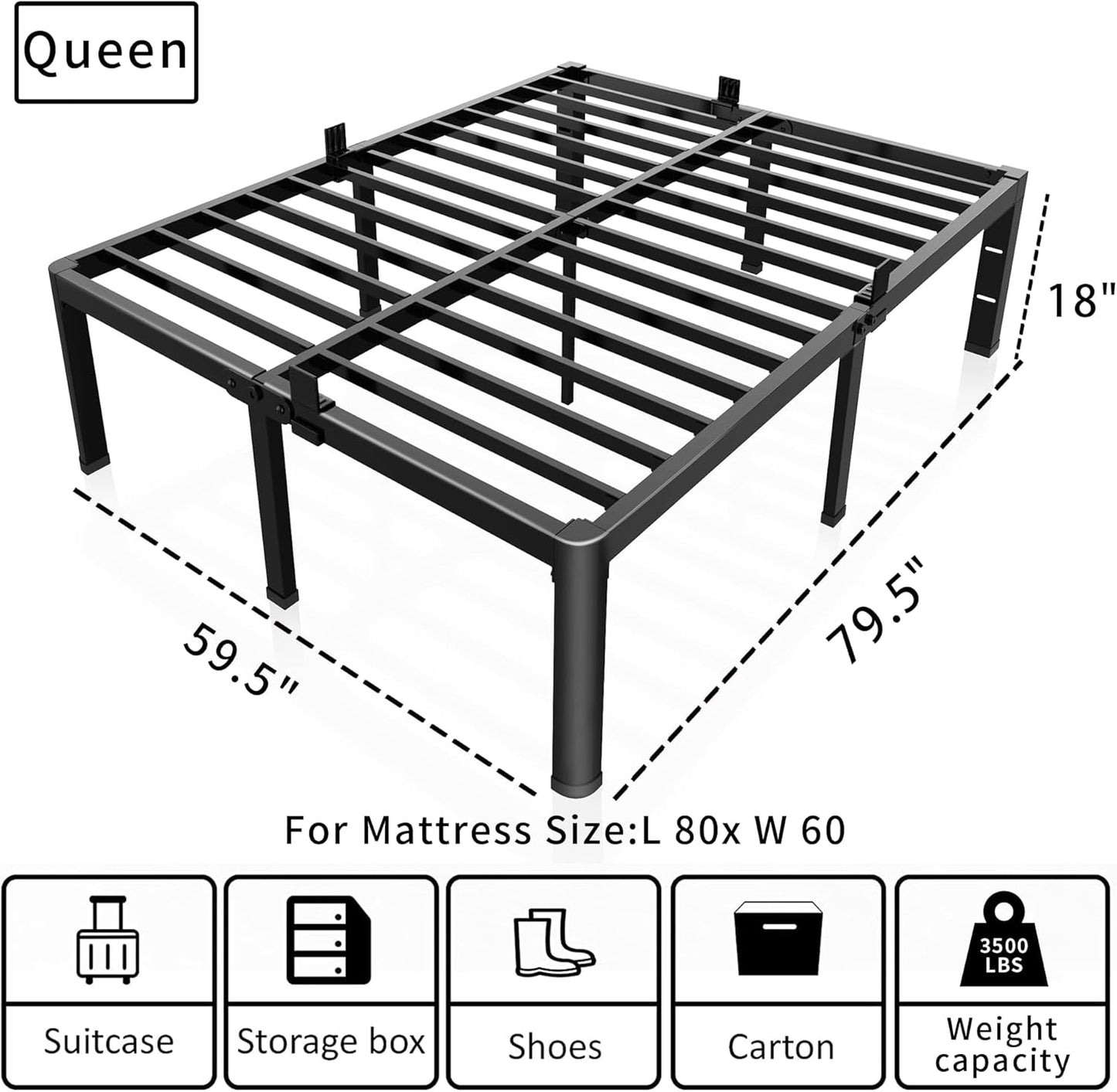 ROIL 18-Inch Queen Bed Frame - Heavy-Duty Metal with Rounded Corners & Headboard | No Box Spring Needed