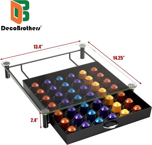 DecoBrothers Coffee Pod Drawer - Tempered Glass Storage for 42 Nespresso Original Line Capsules