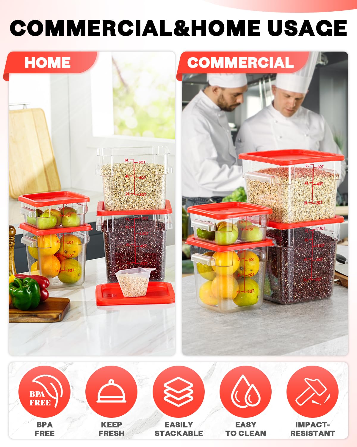 2QT4QT NSF Food Storage Containers: 8 PCS [Food Grade][Hot&Cold Resistant] Commercial Clear Square Food Storage Containers with Scales Handles for Home Restaurant Kitchen Proof Dough(BPA FREE-GREEN)