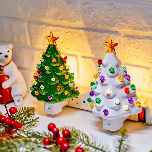 Brightown Ceramic Christmas Tree Night Light - 2 Pack Vintage Christmas Night Light with ON/Off Switch, 6" Decorative Ceramic Tree Light for Bedroom Living Room Xmas Holiday Decor, Green and White