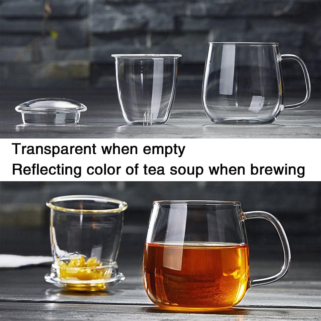 DOPUDO Glass Teacups 2 Pack Glass Tea Cup with Infuser and Lid, 17.6oz/520ml Large Borosilicate Teacup,Tea Clear Mug Cup for Loose Leaf Blooming Tea, Microwave & Dishwasher Safe.
