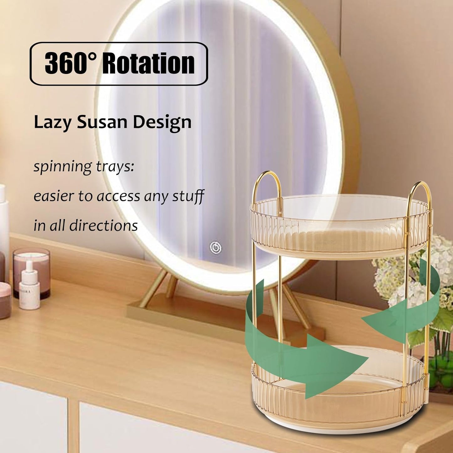 Skiennix Rotating Makeup Organizer - 2-Tier Clear Lazy Susan Trays for Bathroom & Vanity Storage