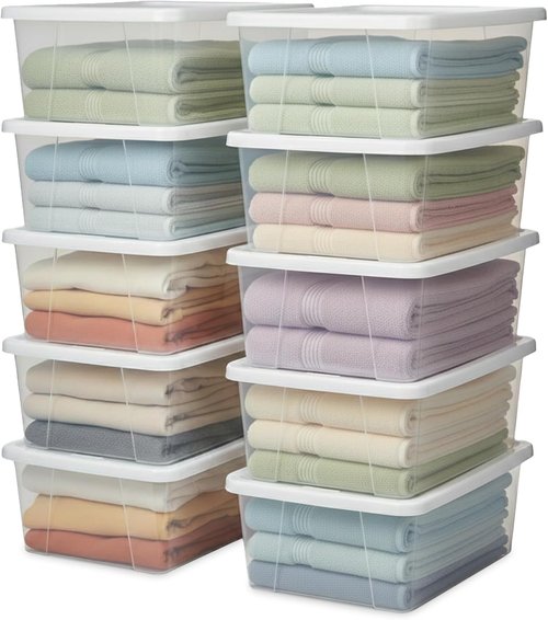 HOMZ 10-Pack Snaplock Storage Organizer Bins - Clear Plastic Containers with Lids, 6 Quart, White | Stackable for Home & Office