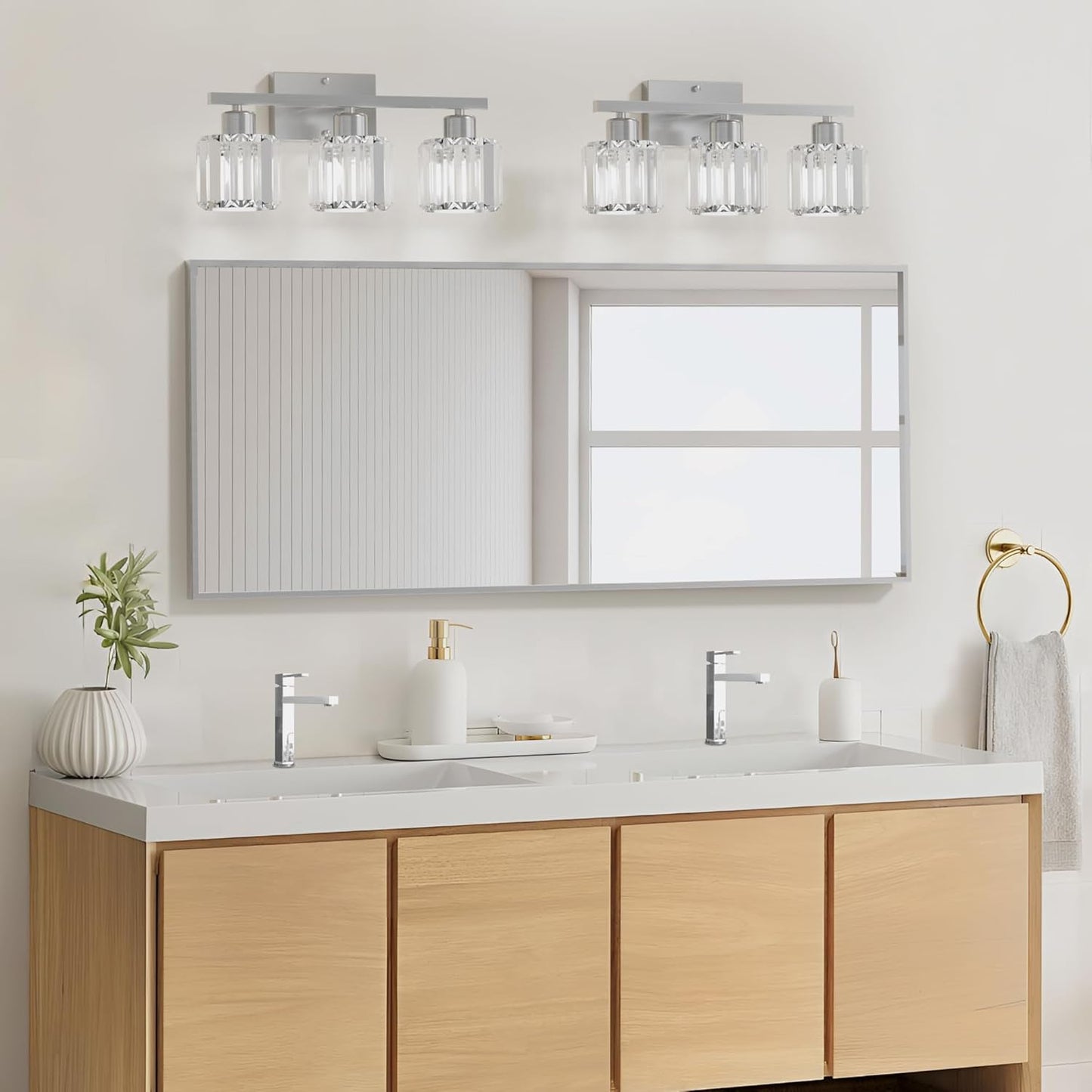 comzler 3-Light Bathroom Light Fixtures Over Mirror, Brushed Nickel Crystal Wall Sconce with E26 Base for Mirror Kitchen Living Room Bathroom, Round Crystal Shades (Bulbs Excluded)