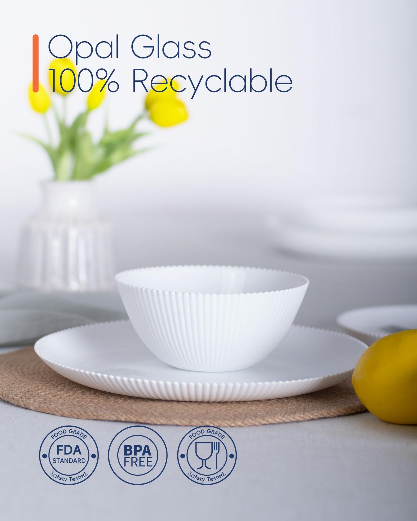 LaGlint 20 OZ Max White Opal Glass Cereal Bowl Set of 6, 6 inch Dishwasher & Microwave Safe Round Ribbed Bowls for Kitchen, Salad, Soup and Rice