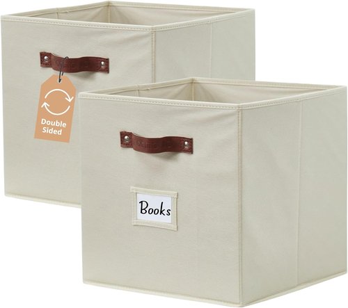 DECOMOMO Storage Bins - Fabric Cube Storage Bins with Labels | 10.5" x 11" | Set of 2, Beige