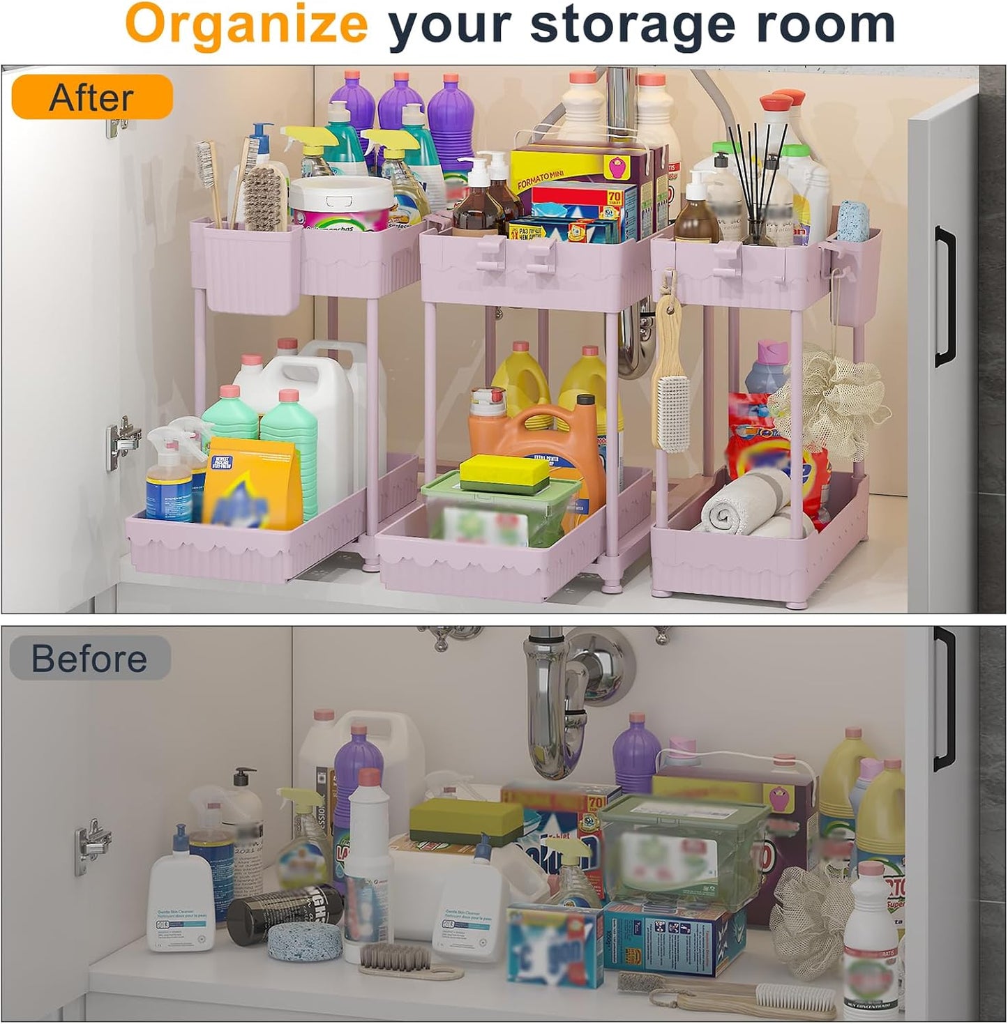 Sevenblue Under Sink Organizers - 2-Tier Kitchen & Bathroom Storage with Sliding Drawers | Pink, 12.8 Inch
