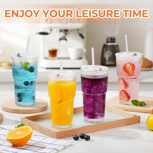 4 Pack 20 Oz Glass Cups with Lids and Straws Iced Coffee Cups Vintage Ribbed Glassware for Beer Ice Coffee Fruit Juice Elegant Aesthetic Cup Glass Iced Coffee Tumbler Include 2 Cleaning Brushes