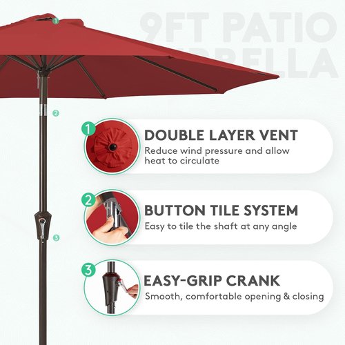 JEAREY 9FT Outdoor Patio Umbrella - Push Button Tilt & Crank | UV Protection, Waterproof, Red