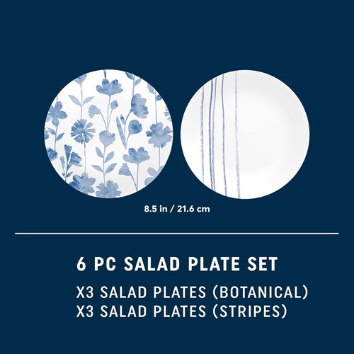 Corelle 6-Piece 8.5" Vitrelle Glass Lunch Plates Lightweight, Scratch Resistant - Botanical Stripes