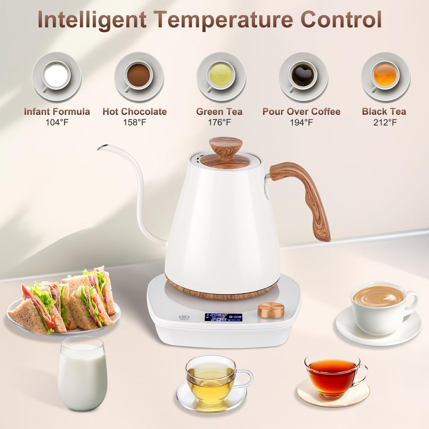 YDDZZM Gooseneck Electric Kettle, Intelligent Temperature Control, Stainless Steel Inner, Quick Heating, for Pour Over Coffee, Brew Tea, Boil Hot Water, 1000W 0.9L Cream White