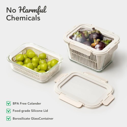 GENICOOK Glass Produce Storage Containers - Airtight 2-Pack for Fruits & Vegetables | BPA-Free Borosilicate Glass with Colanders