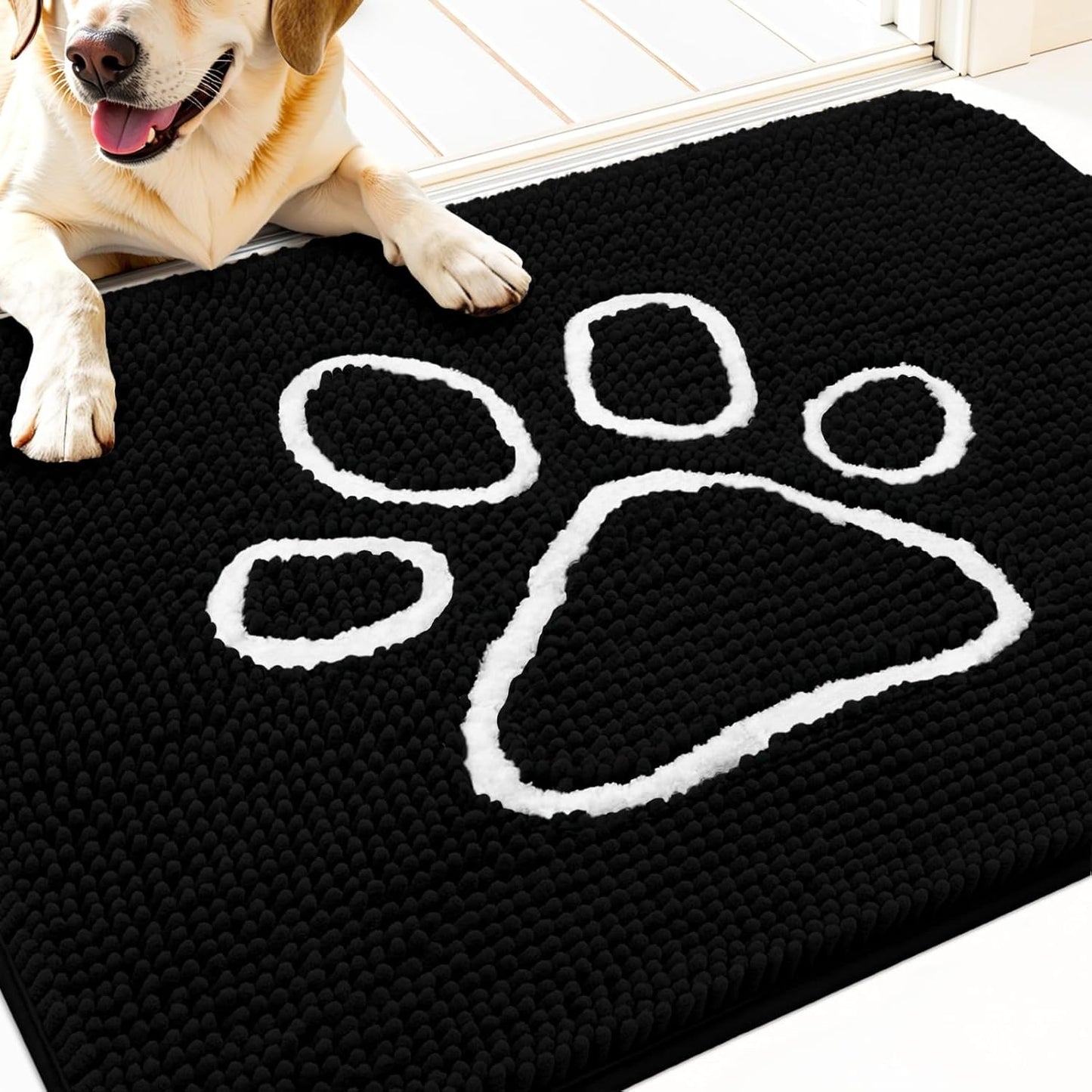 OLANLY Dog Door Mat - Absorbent Non-Slip Mud Mat for Paws | 32x20, Quick Dry Chenille, Black