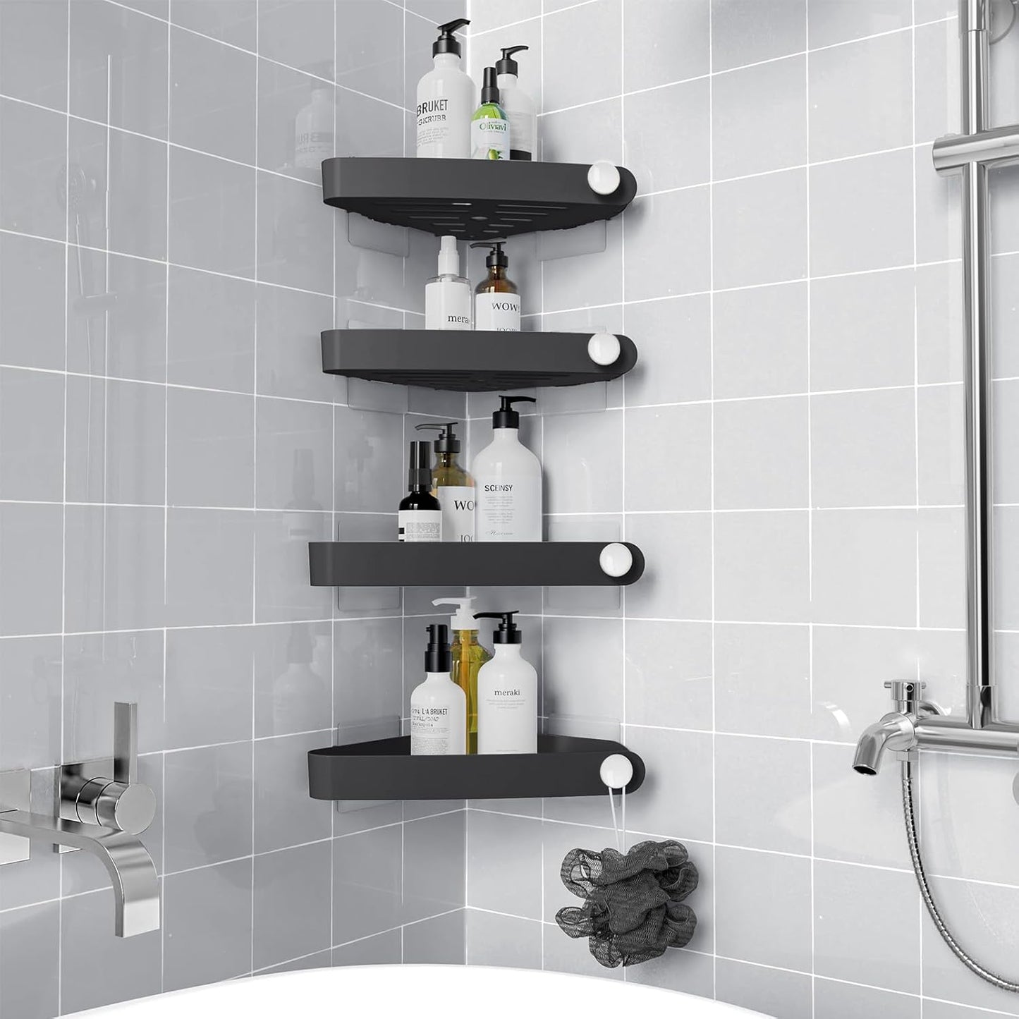 Sotfamily Plastic Shower Caddy - 4 Pack Adhesive Corner Shelves for Bathroom Organization | Black