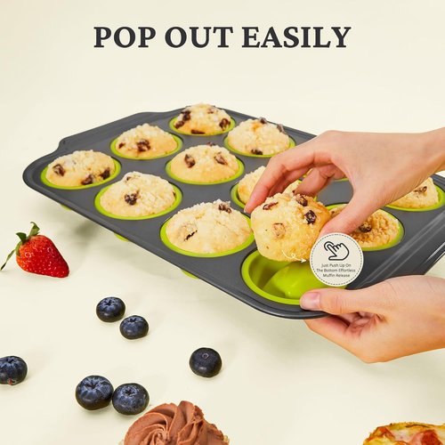 BRONYPRO Silicone Muffin Pans - Nonstick Egg Bite Maker & Cupcake Molds | 12 Regular Size, Lime Green
