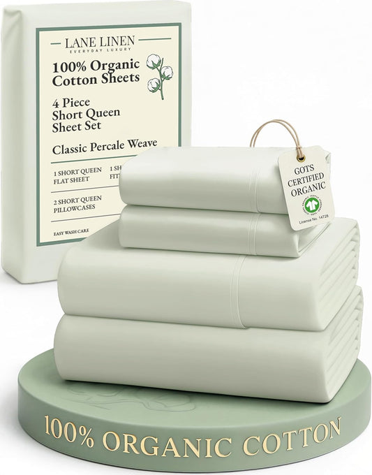 LANE LINEN 100% Organic Cotton Queen Sheet Set - Soft & Breathable Percale Weave, Deep Pocket, Hotel-Quality - Mineral
