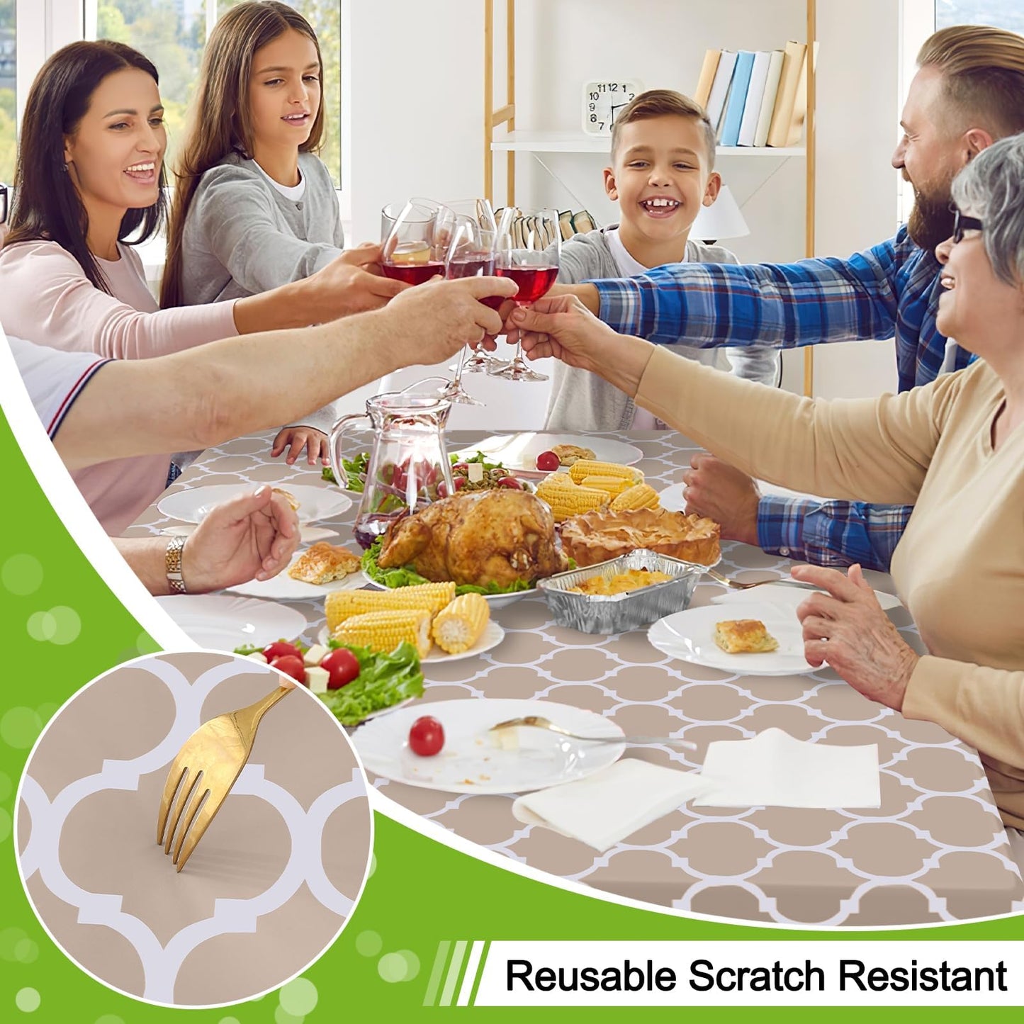 Smiry Rectangle Table Cloth, Waterproof Vinyl Tablecloths with Flannel Backing for Rectangle Tables, Wipeable Spillproof Plastic Tablecloth for Dining, Camping, Indoor and Outdoor (60"x84", Khaki)