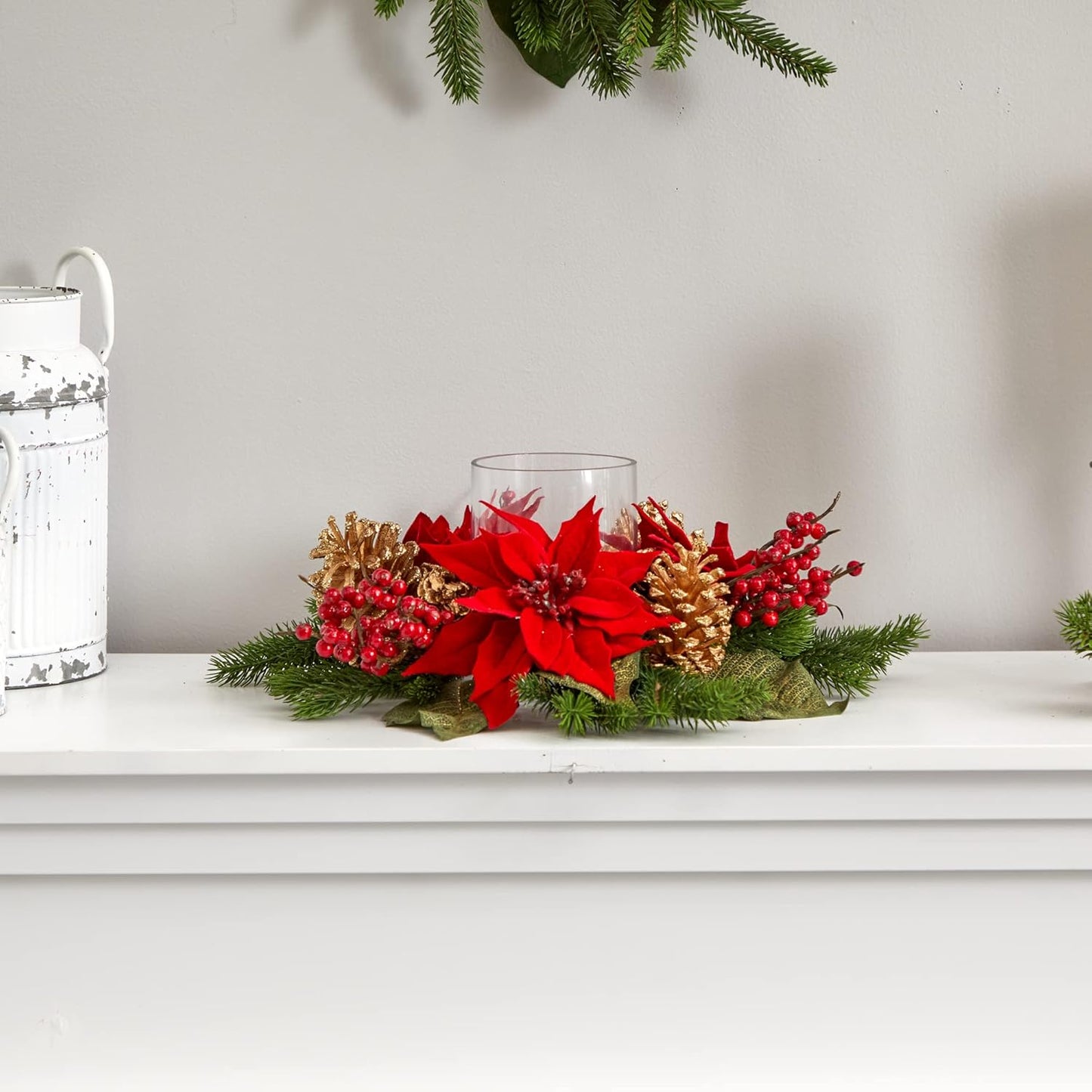 Nearly Natural Poinsettia Candelabrum - Red Artificial Silk Arrangement with Berries & Pine Cones | 6"D x 14"W x 14"H